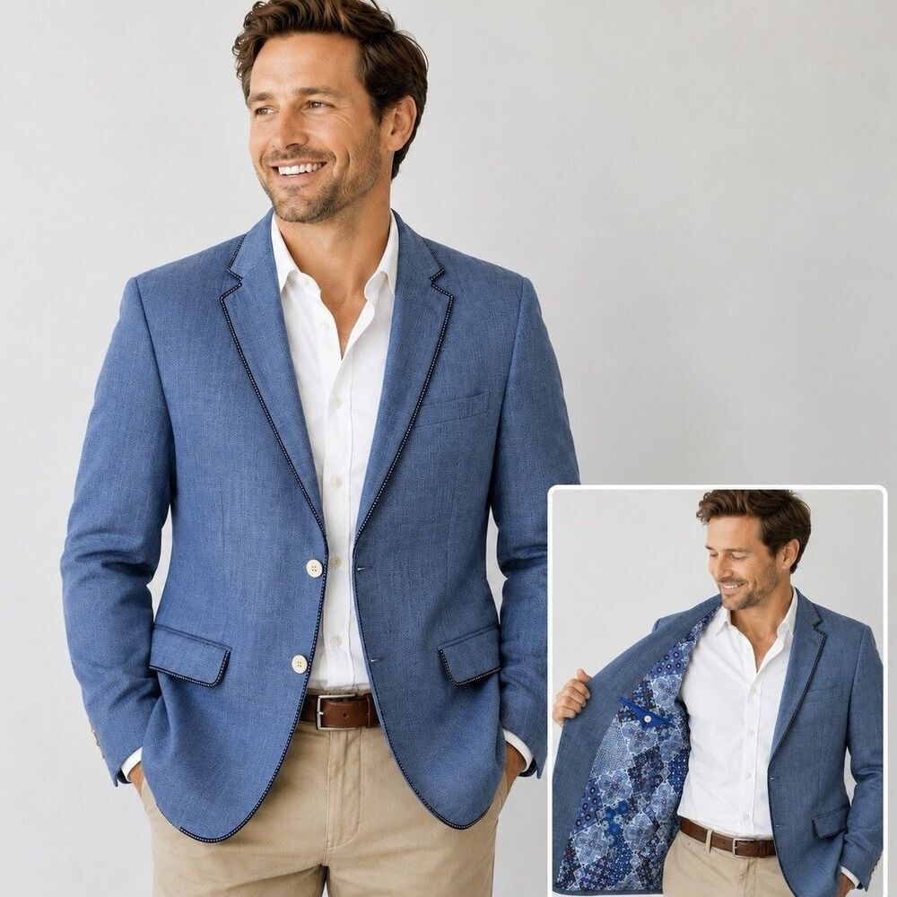 Van Heusen Studio 40R Sport Coat Blazer Blue Paisley Lining 2 Button Mens